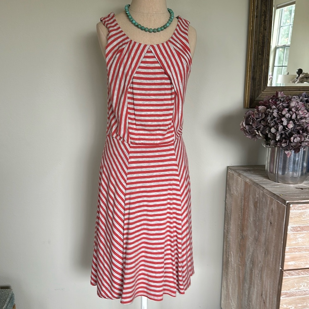 Bordeaux red orange heathered gray striped swing dress from Anthropologie med
